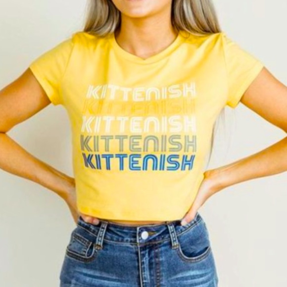 KITTENISH Yellow Logo Graphic Crop Top Large NWOT